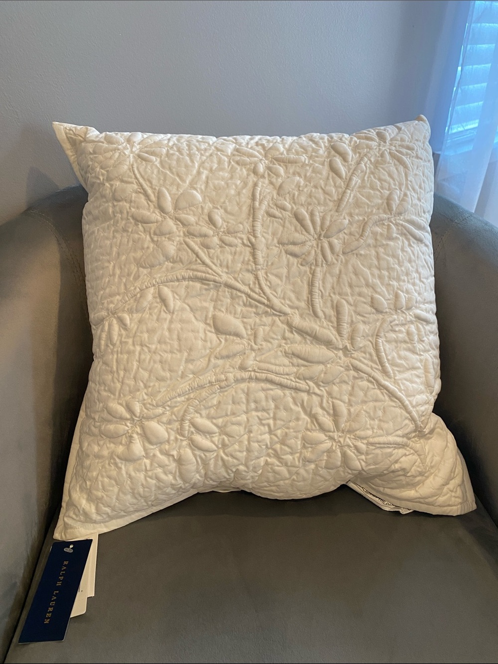 Ralph Lauren Cream Quilted Floral Euro Feather Pillow & 100% Cotton Pillow Sham